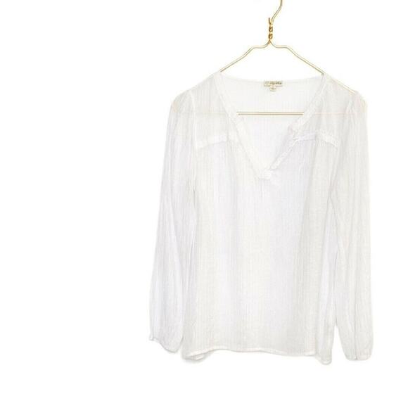 Lily White embroidered V Neck Top Sheer Long Sleeve Of White Trim Sz Xs - Picture 8 of 12